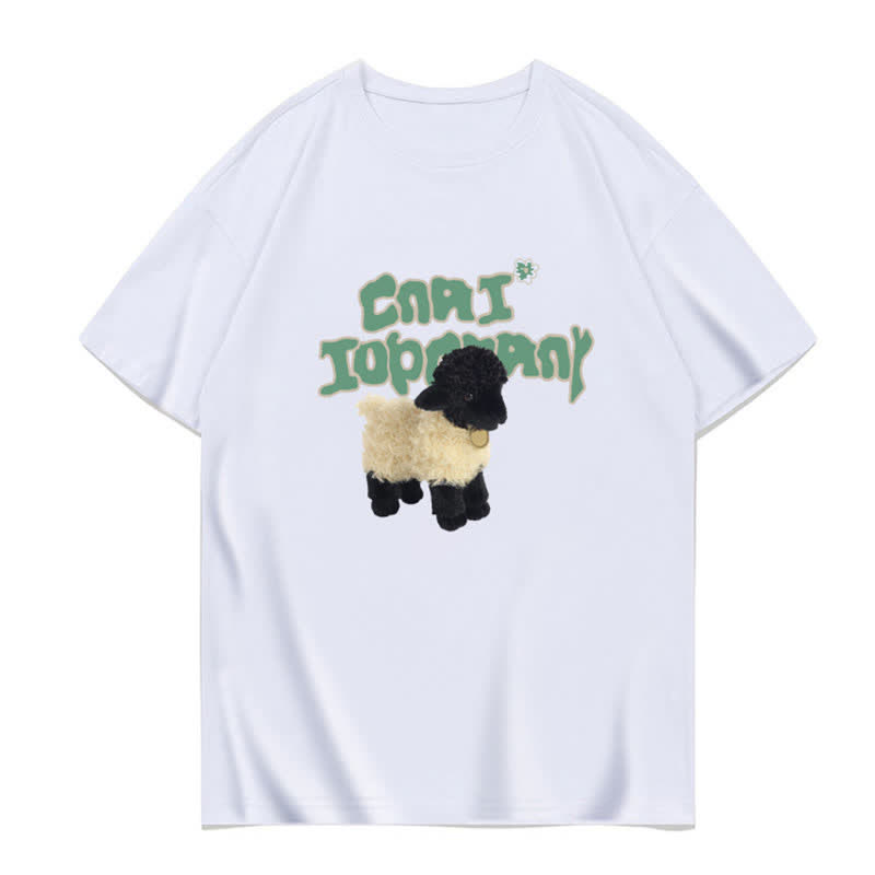 Cartoon Bunny Bear Sheep Print Loose T-Shirt - White D - 3XL - image 16