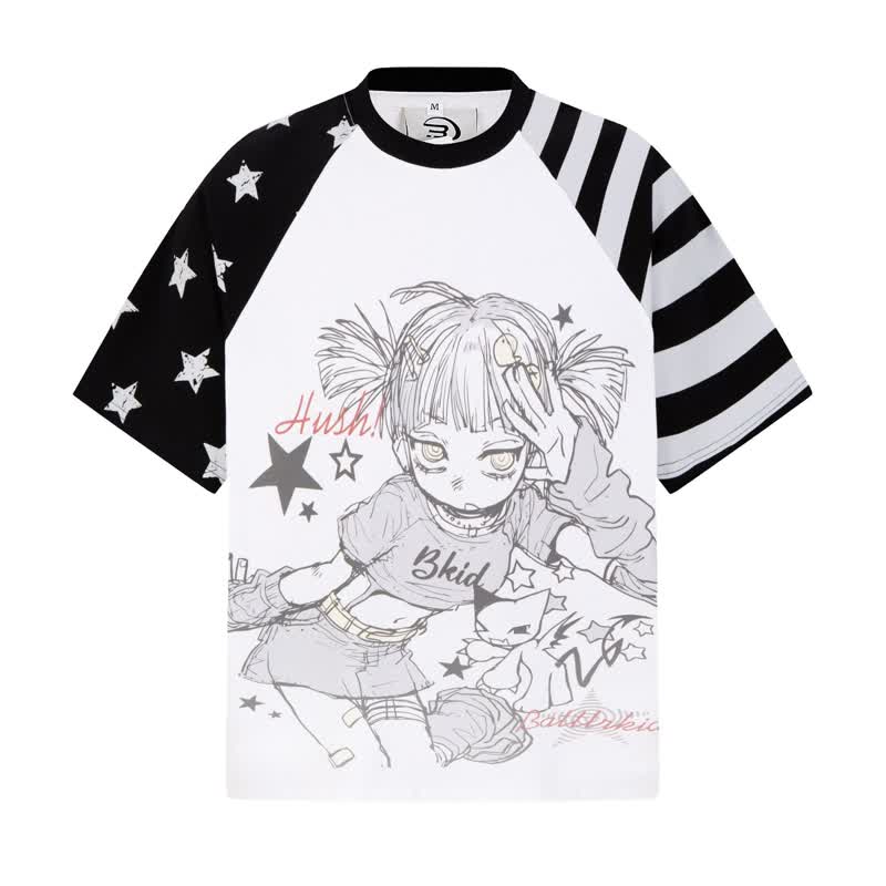 Y2K Vintage Cartoon Girl Print Star Stripe Splicing Short Sleeve T-shirt - Grey - XL - image 8