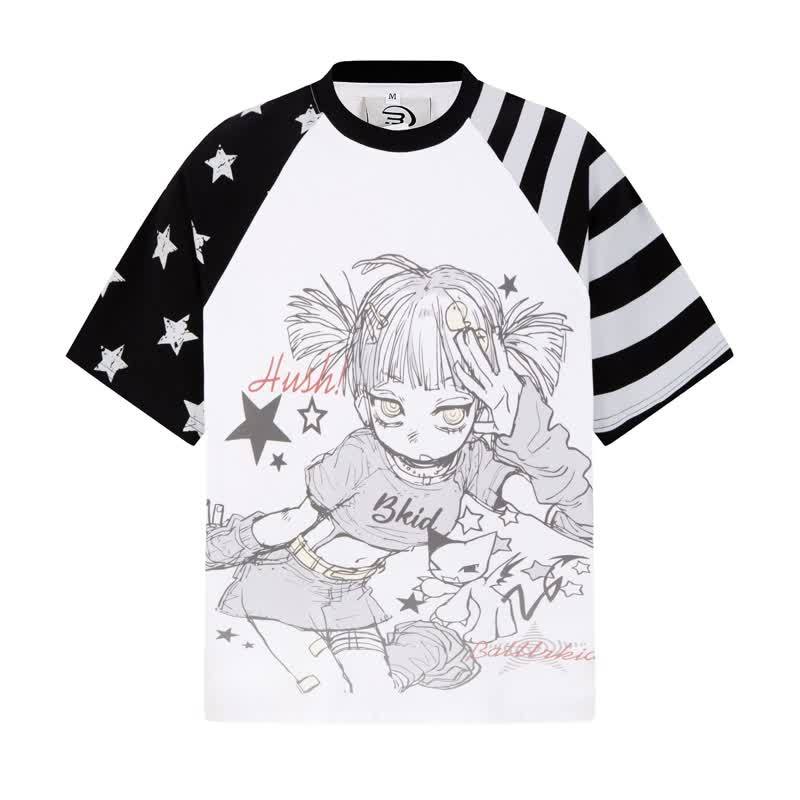 Y2K Vintage Cartoon Girl Print Star Stripe Splicing Short Sleeve T-shirt - Grey - XL - image 8