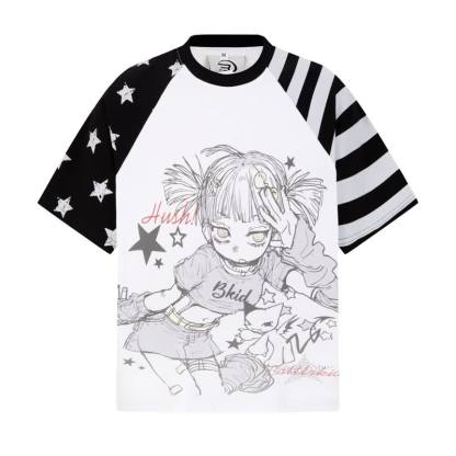 Y2K Vintage Cartoon Girl Print Star Stripe Splicing Short Sleeve T-shirt - Grey - XL - image 8