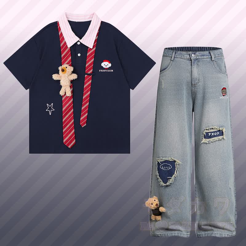 3D Bear Stripe Tie Color Block Polo T-shirt Ripped Denim Pants Modakawa Matching Outfit - Set D - XL - image 4