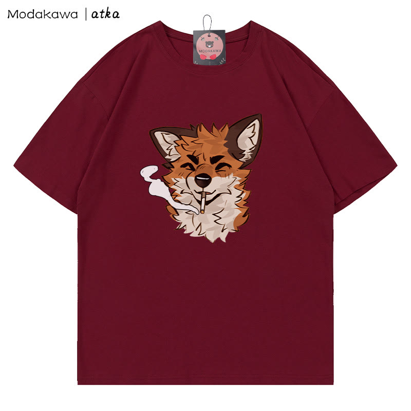 MODAKAWA X atka Fox Smoking Graphic T-shirt - Wine Red - 5XL - image 1