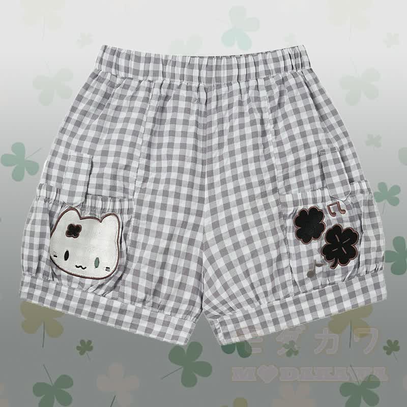 Flock Cat Graphic Raglan T-shirt Kitty Gingham Shorts Modakawa Matching Outfit - Grey Shorts - L - image 7