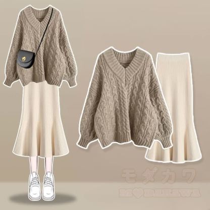 V-neck Cable Sweater Fishtail Skirt Two Pieces Set - Khaki Set - XL - image 4
