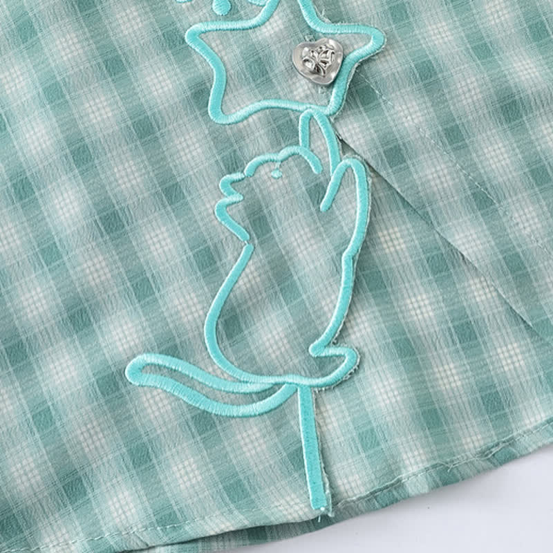 Embroidery Plaid Tie Cuff Puff Short Sleeve Lapel Shirt - image 7