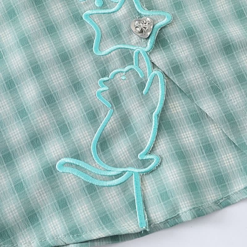 Embroidery Plaid Tie Cuff Puff Short Sleeve Lapel Shirt - image 7