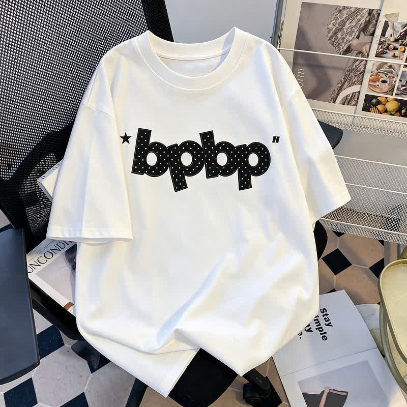 Dot Big Bow off Shoulder Top And BPBP Print T Shirt Couple Matching Set - Men's White T-Shirt - 2XL - image 6