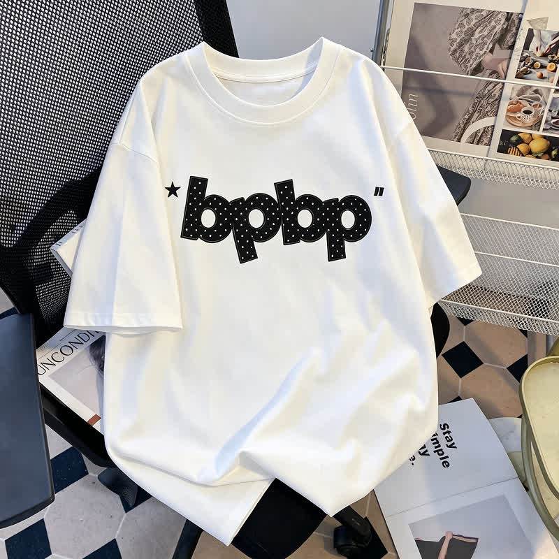 Dot Big Bow off Shoulder Top And BPBP Print T Shirt Couple Matching Set - Men's White T-Shirt - 2XL - image 6