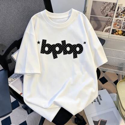 Dot Big Bow off Shoulder Top And BPBP Print T Shirt Couple Matching Set - Men's White T-Shirt - 2XL - image 6