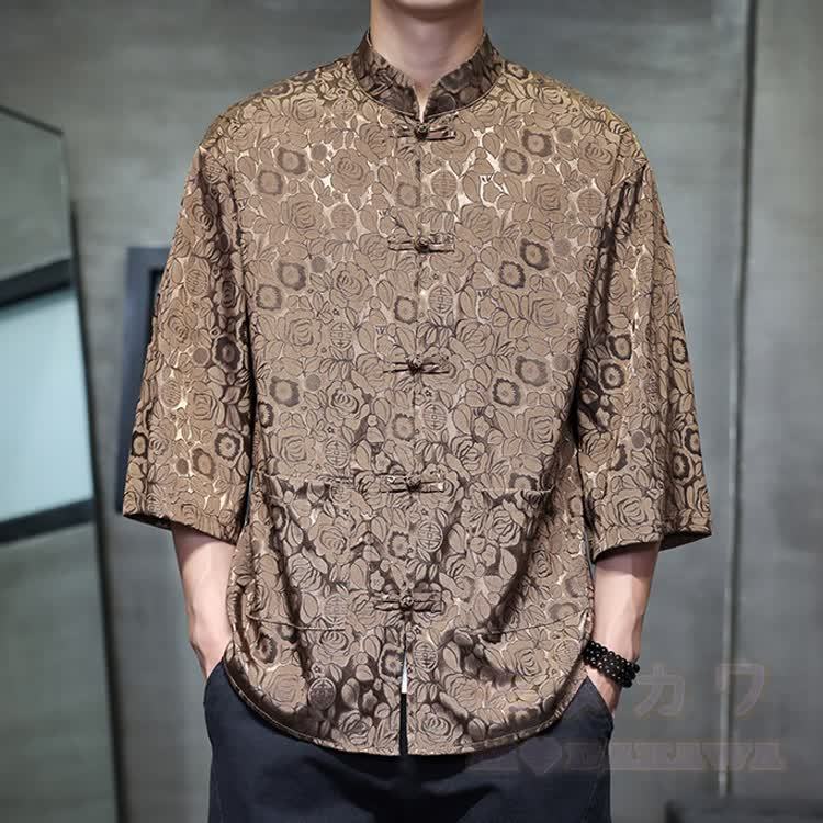 Oversized Dragon Jacquard Mandarin Collar Shirt - Rose Coffee - 5XL - image 9