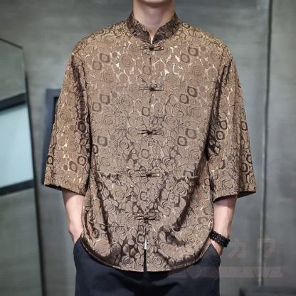 Oversized Dragon Jacquard Mandarin Collar Shirt - Rose Coffee - 5XL - image 9