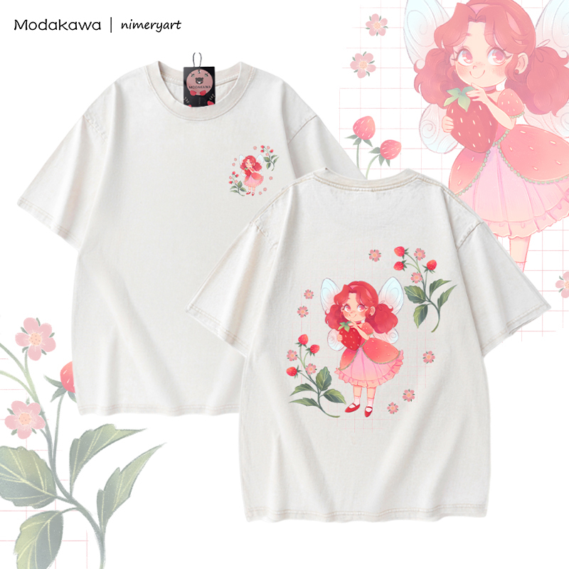 MODAKAWA X nimeryart Strawberry Fairy Graphic Unisex Vintage Washed T-shirt - Apricot - 5XL - image 3