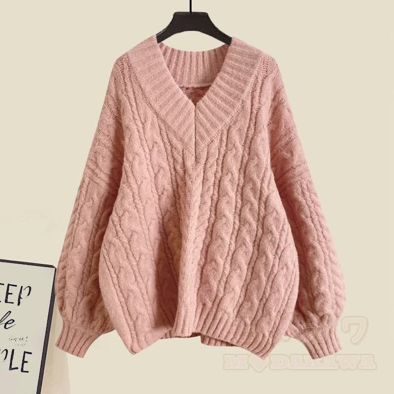 V-neck Cable Sweater Fishtail Skirt Two Pieces Set - Pink Sweater - XL - image 5