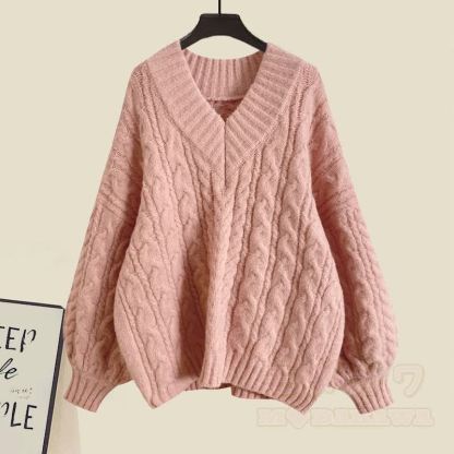 V-neck Cable Sweater Fishtail Skirt Two Pieces Set - Pink Sweater - XL - image 5