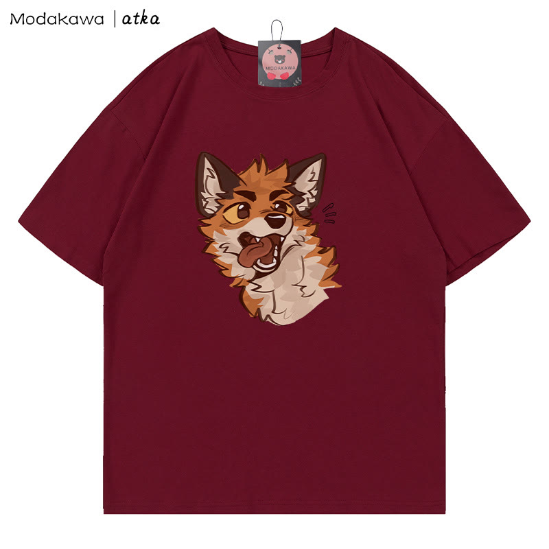MODAKAWA X atka Playful Fox Face Graphic T-shirt - Wine Red - 5XL - image 5