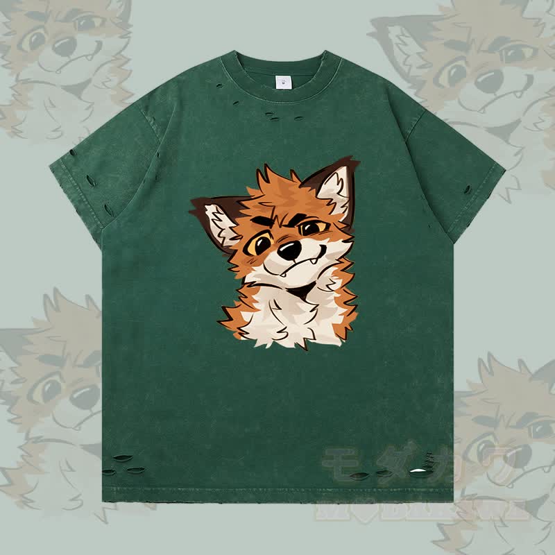 MODAKAWA X atka Funny Fox Graphic Ripped T-shirt - Dark Green - 2XL - image 4