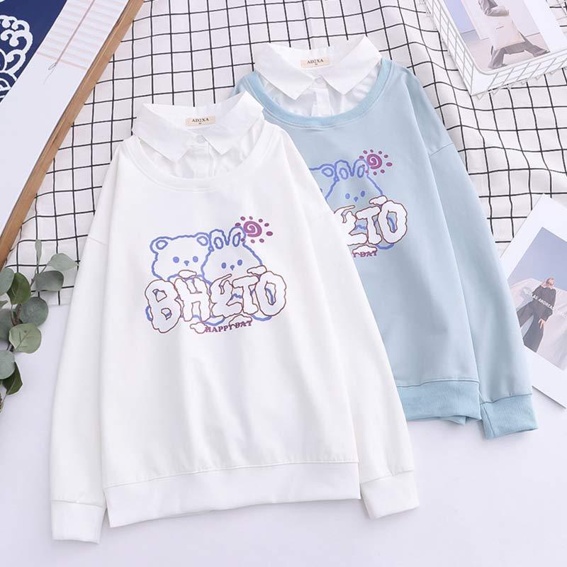 Cartoon Bear Bunny Print Fake Two Pieces Sweatshirt - image 3