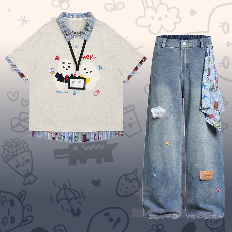Flock Puppy Gingham Graphic Polo T-shirt Star Denim Pants Modakawa Matching Outfit - Set D - XL - image 4