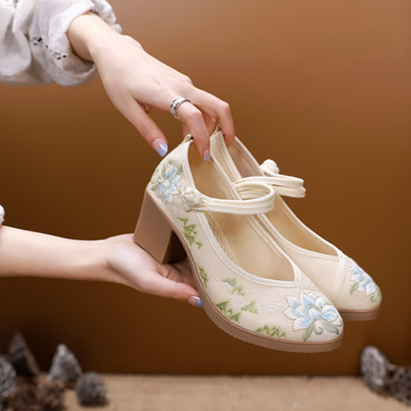 Vintage Floral Embroidery Canvas High Heel Shoes - Apricot - 40 - image 10