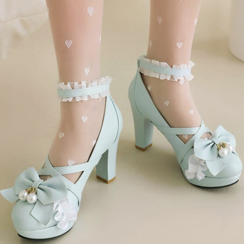 Bow Decor Lace Round Toe Chunk Heel Mary Janes Shoes - image 8