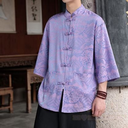 Oversized Dragon Jacquard Mandarin Collar Shirt - Purple Orchid Dragon - 5XL - image 13
