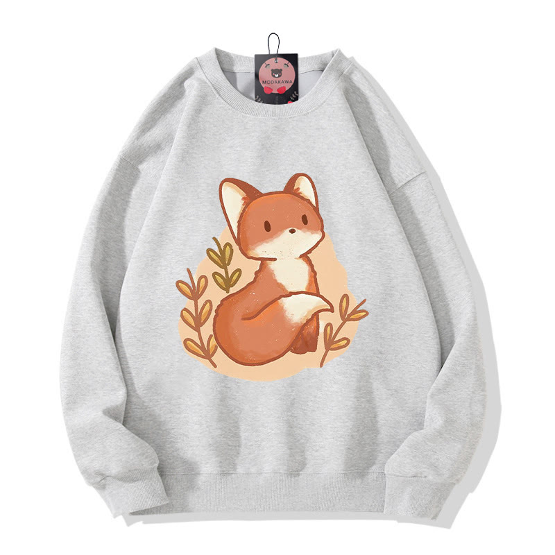 Modakawa Cartoon Fox Print Round Collar Plush Sweatshirt - Grey - 3XL - image 5