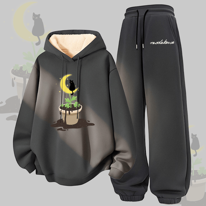 MODAKAWA Plant Black Cat Graphic Thick Fleece Lined Hoodie Pants Two Pieces Set - Dark Grey - 5XL - image 3