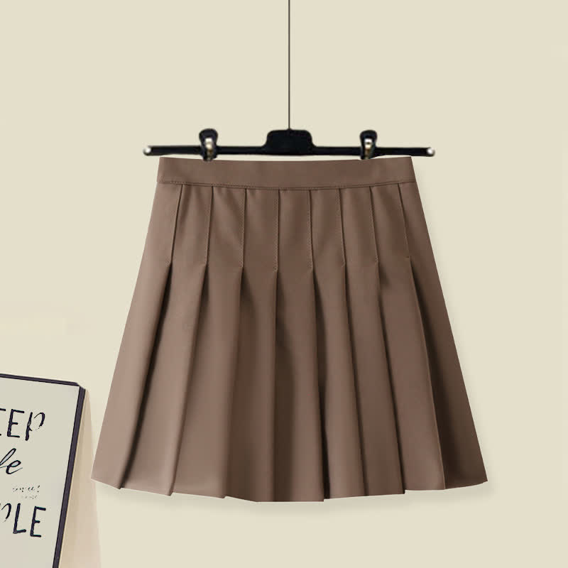 Fake Matching Outfit Bow Decor Sweater Pleated Skirt Plush Pants Matching Outfit - Coffee Skirt - XL - image 3