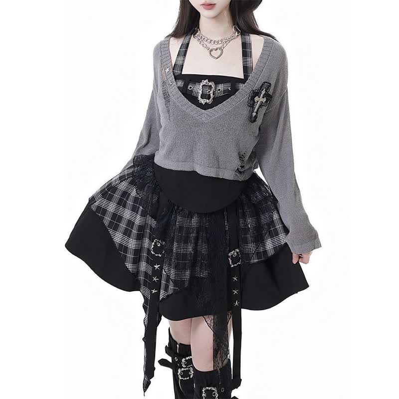 Gothic Plaid Halter Top Asymmetric Tiered Skirt Three Pieces Set - image 4