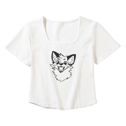 MODAKAWA X atka Funny Fox Square Neck T-shirt Belt Pleated Skirt Matching Outfit - White T-shirt - 2XL - image 3