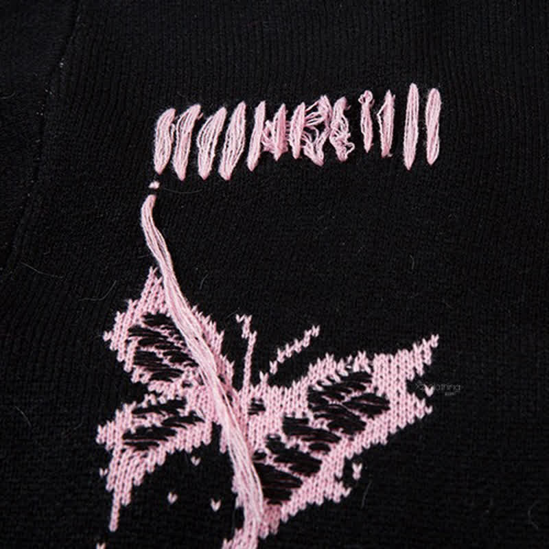 Dark Fashion Butterfly Print Distressed Knit Oversize Sweater  - image 7