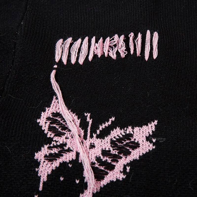 Dark Fashion Butterfly Print Distressed Knit Oversize Sweater  - image 7