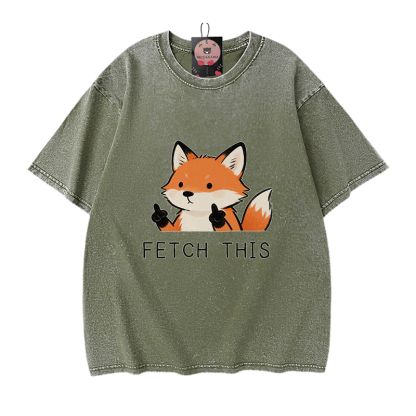 FETCH THIS Fox Graphic Modakawa Vintage Washed 100% Cotton T-shirt - Green - 5XL - image 8