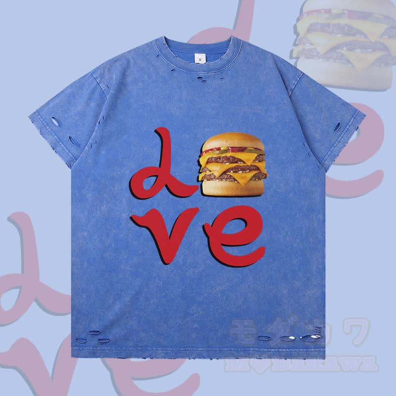 MODAKAWA LOVE Hamburger Graphic Ripped T-shirt - Blue - 2XL - image 3