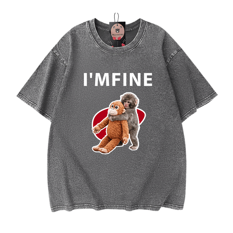 I'M FINE Monkey Graphic Modakawa Unisex Vintage Washed T-shirt - Grey - 5XL - image 7
