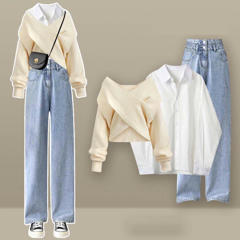 Cross Knit Sweater Lapel Shirt Denim Pants Matching Outfit - image 5