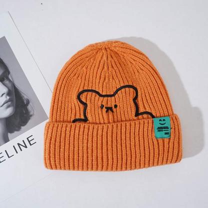 Cartoon Bear Embroidery Knit Hat - Orange - M(54-58cm) - image 9