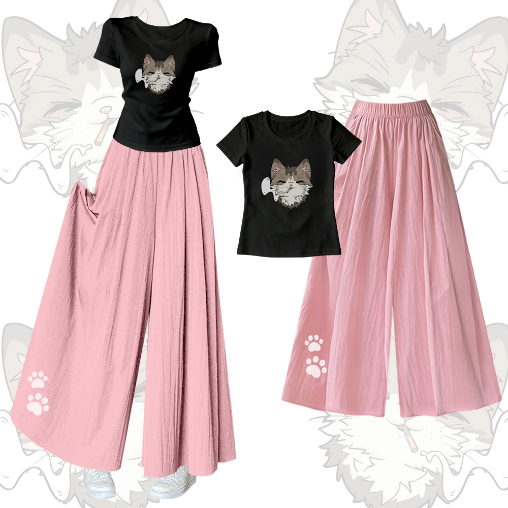 Smoking Cat Graphic U-Neck T-shirt Wide Leg Pants Modakawa Matching Outfit - Set B - XL - image 2