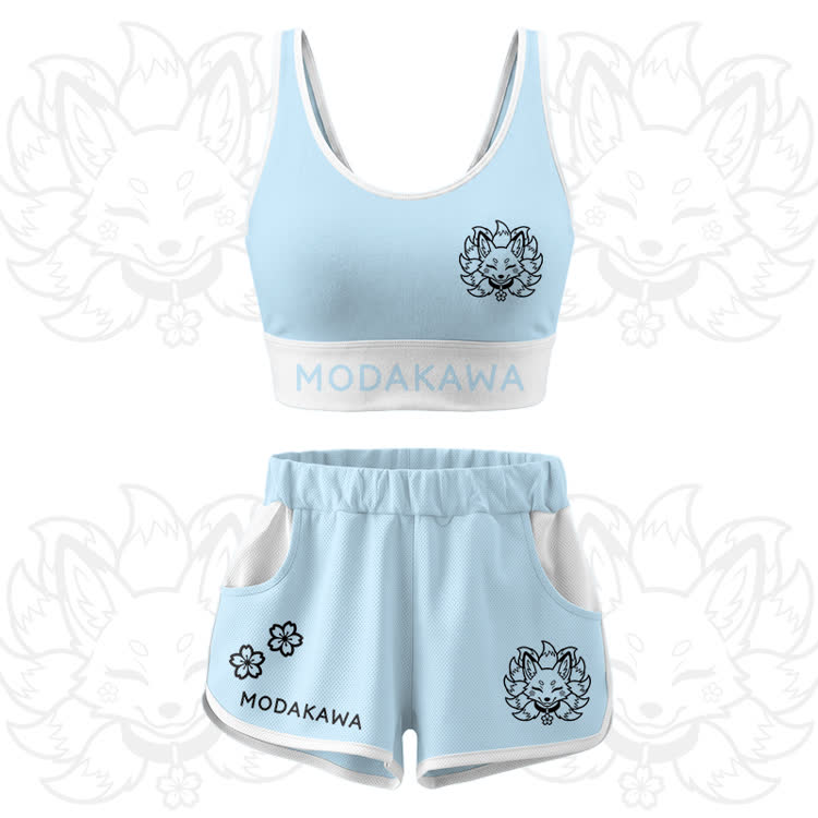 Nine Tailed Fox Graphic Crop Tank Sport Top Shorts Modakawa Matching Outfit - Blue Set - 5XL - image 15