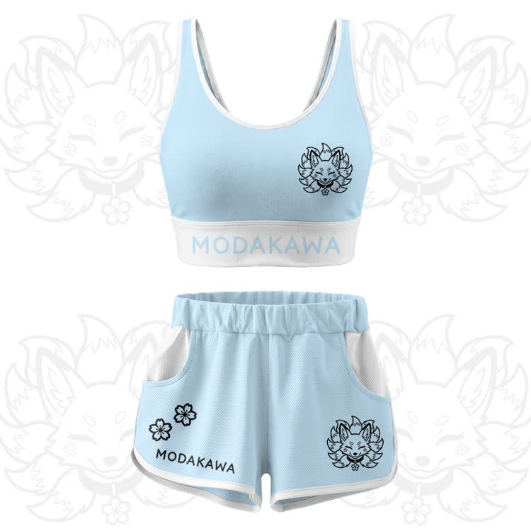 Nine Tailed Fox Graphic Crop Tank Sport Top Shorts Modakawa Matching Outfit - Blue Set - 5XL - image 15