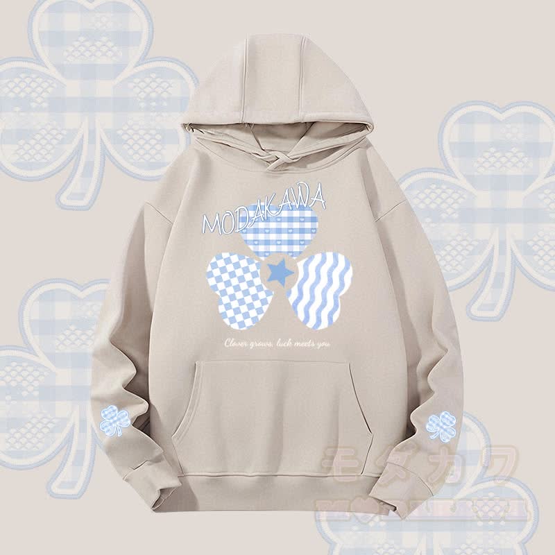 MODAKAWA Blue Gingham Triple Clover Graphic Heavyweight Hoodie - Oatmeal - 2XL - image 4