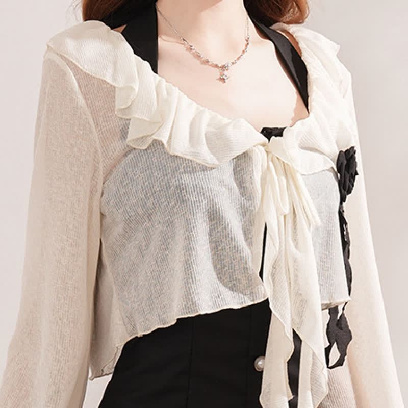 Gothic Ruffle Lace Knit Crop Cardigan Tiered Ruffle Dress Two Pieces Set  - White Coat - XL - image 6