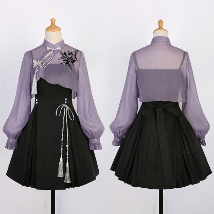 3D Butterfly Pearl Decor Top Lace-up Slip Dress - Set - L - image 9