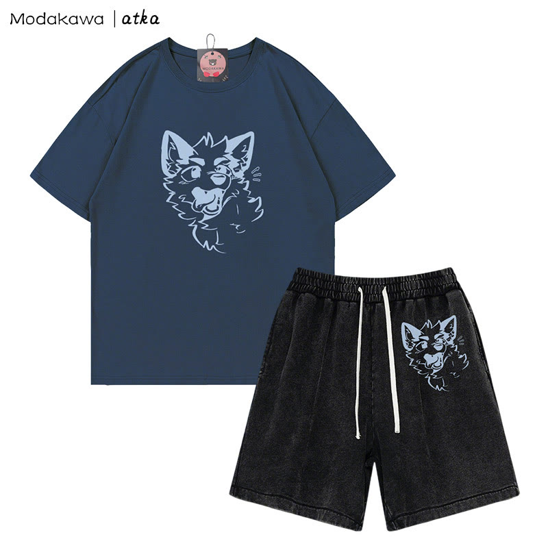 MODAKAWA X atka Playful Fox Face Graphic T-shirt Vintage Washed Shorts Two Pieces Set - Purplish Blue&Black - 3XL - image 9