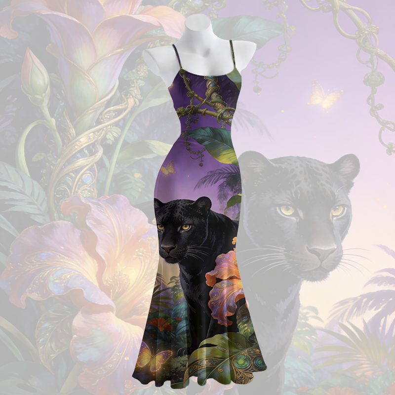 Panther Graphic Spaghetti Strap Maxi Mermaid Dress - Purple - 5XL - image 2