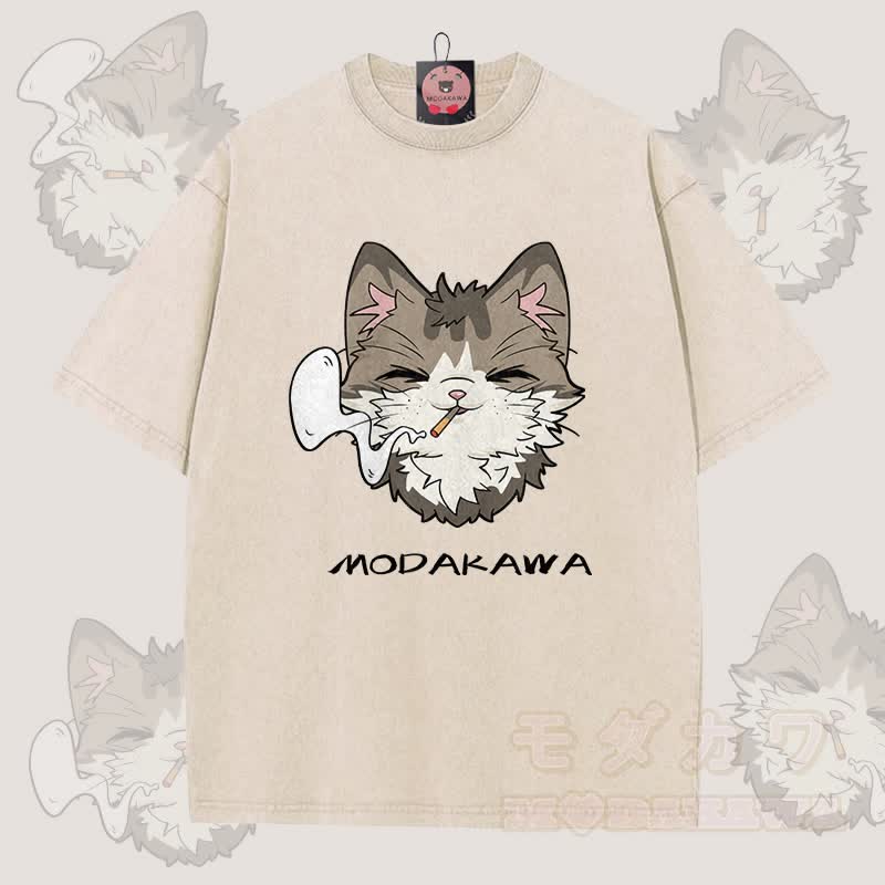MODAKAWA Smoking Cat Graphic Unisex Vintage Washed T-shirt - Apricot - 5XL - image 4