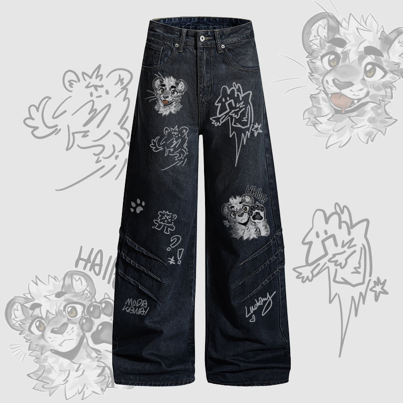 MODAKAWA X atka Cheeky Tiger Face Graphic Denim Pants - Dark Blue - 2XL - image 2