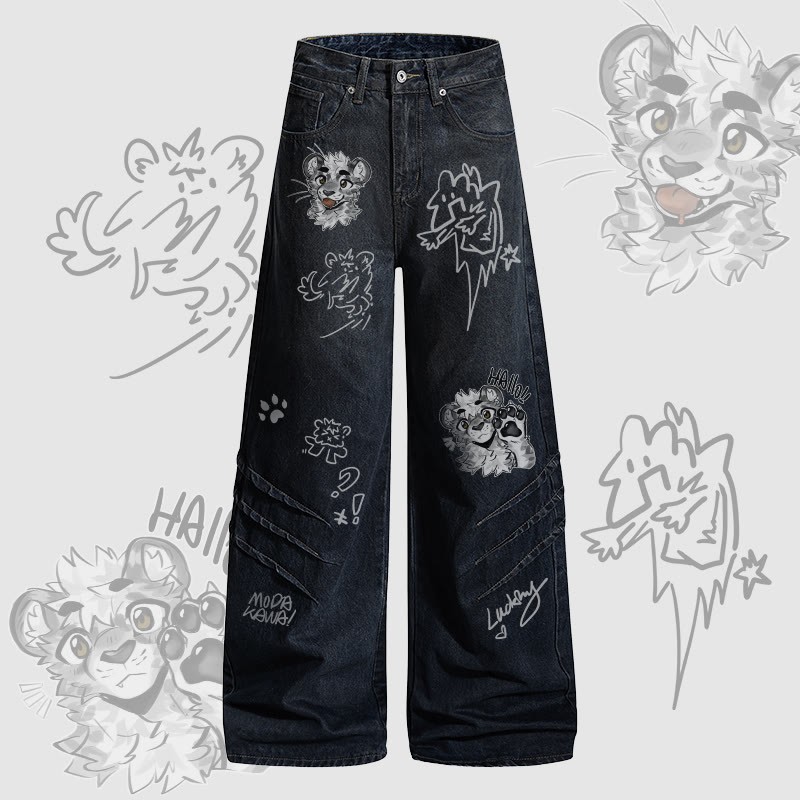 MODAKAWA X atka Cheeky Tiger Face Graphic Denim Pants - Dark Blue - 2XL - image 2