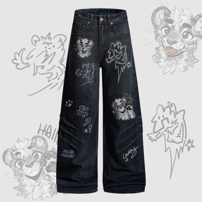 MODAKAWA X atka Cheeky Tiger Face Graphic Denim Pants - Dark Blue - 2XL - image 2