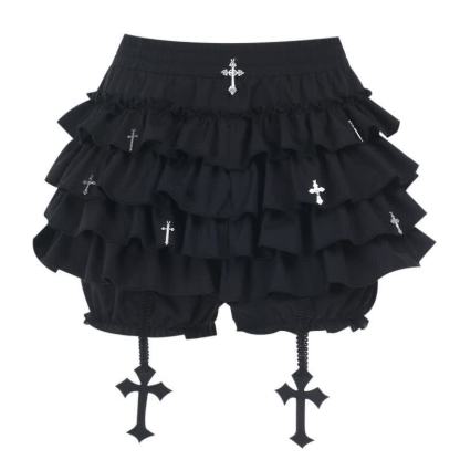 Gothic Polka Dot Cami Top Lace Cardigan Cross Print Skirt Three Pieces Set - Skirt - 2XL - image 8